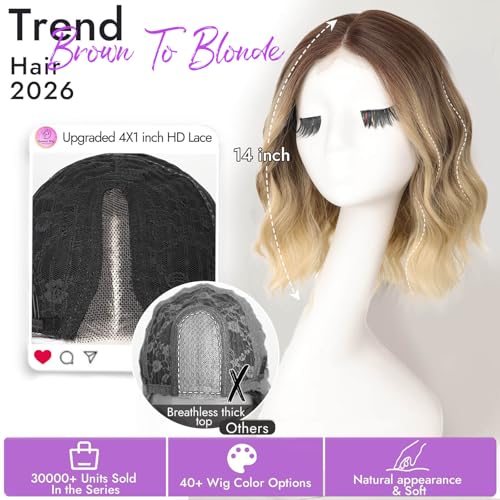Eawwii Brown to Blonde Short Wavy Wig for Women Lace Hairline Bob Style Synthetic Heat Resistant Natural Appearance for Everyday Hairstyle 14 Inch - Image 3