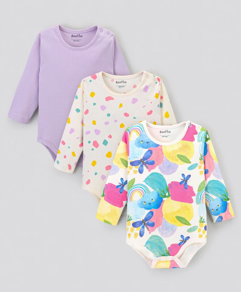 Bonfino Bonfino 100% Cotton Knit Full Sleeves Solid Colour & Butterfly Printed Onesies Pack of 3 - Ivory & Lilac