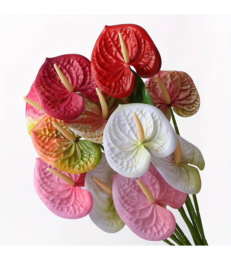 Gradient Pink Green Artificial Anthurium Flowers Fake Flamingo Lily Home Decor 6pcs - Image 1