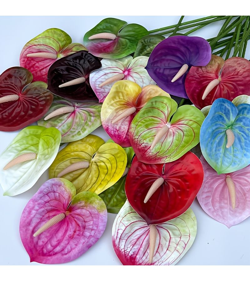 Gradient Pink Green Artificial Anthurium Flowers Fake Flamingo Lily Home Decor 6pcs - Image 2