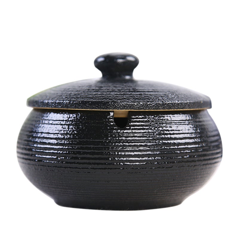 Lidded Ceramic Ashtray: Deep Spacious Container With Smooth Grooves - Anti-skid Bottom, Rustic Glazed Finish for Home, Patio Or Outdoor Smoking Spaces - Image 2