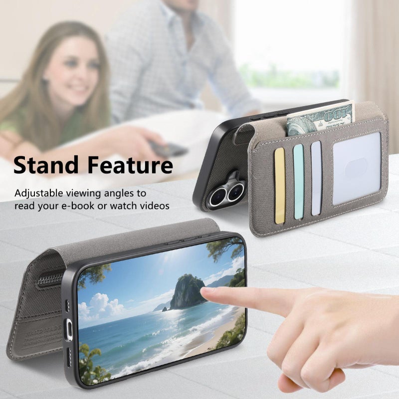 erorex For iPhone 13 Pro Max Twill Fabric MagSafe RFID Anti-theft Zipper Wallet Leather Phone Case(Grey) - Image 4