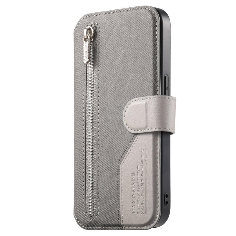 erorex For iPhone 13 Pro Max Twill Fabric MagSafe RFID Anti-theft Zipper Wallet Leather Phone Case(Grey) - Image 2