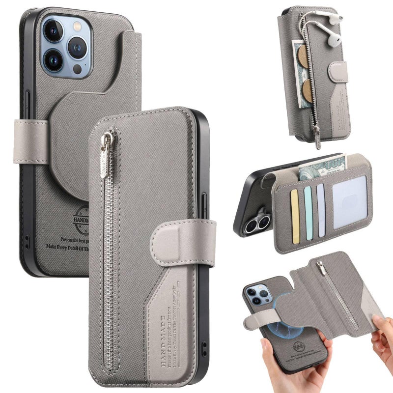erorex For iPhone 13 Pro Max Twill Fabric MagSafe RFID Anti-theft Zipper Wallet Leather Phone Case(Grey) - Image 1