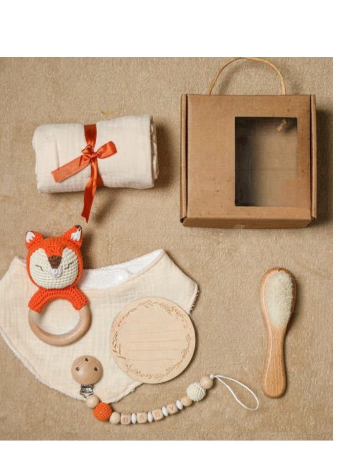 Baby Cloth Nipple Chain Set - Newborn Birth Gift Box - Bath Set - Chew Animal Bell Toy - Image 2