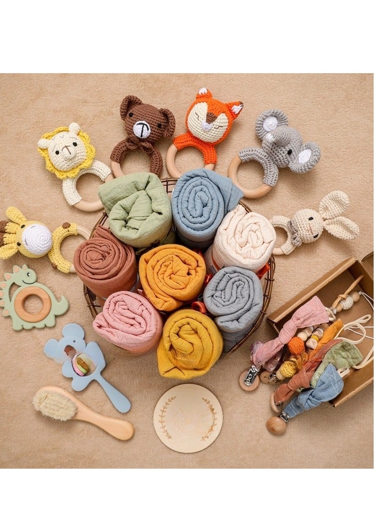 Baby Cloth Nipple Chain Set - Newborn Birth Gift Box - Bath Set - Chew Animal Bell Toy - Image 3