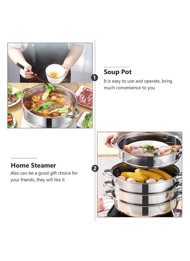 Stainless Steel Steamer,11'' Multi-Layer Cookware Pot with Handle on Both Sides,3-Tier