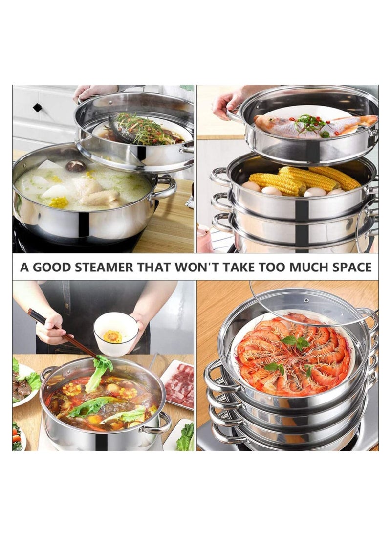 Stainless Steel Steamer,11'' Multi-Layer Cookware Pot with Handle on Both Sides,3-Tier