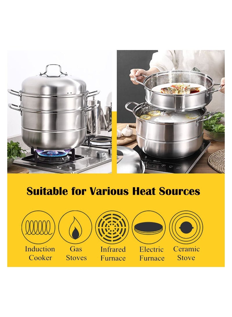 Stainless Steel Steamer,11'' Multi-Layer Cookware Pot with Handle on Both Sides,3-Tier