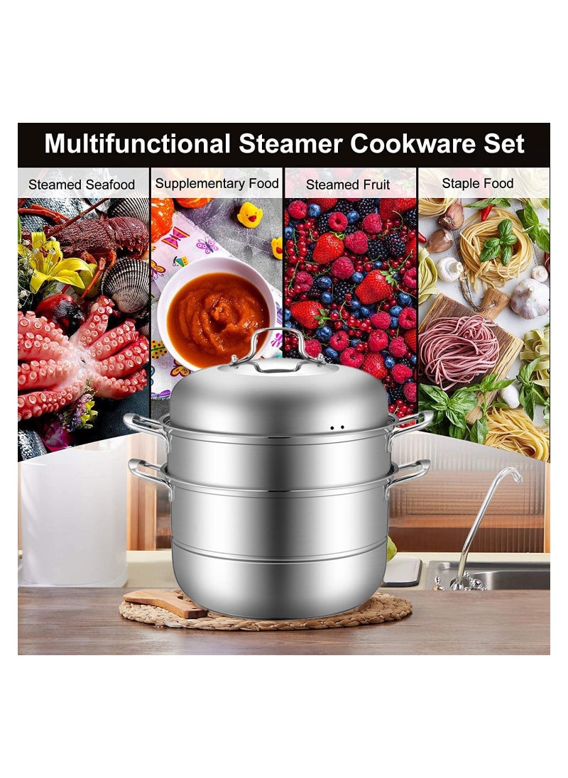 Stainless Steel Steamer,11'' Multi-Layer Cookware Pot with Handle on Both Sides,3-Tier