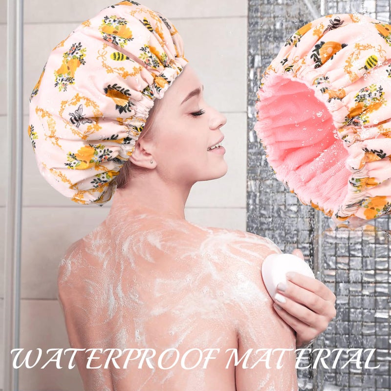 Aileam Shower Cap for Women Terry Lined Bee Bath Cap Large Reusable Waterproof Elastic Band Beekeeper Shower Caps for Long Thick Hair Soft Bath Shower Hair Caps - Image 3