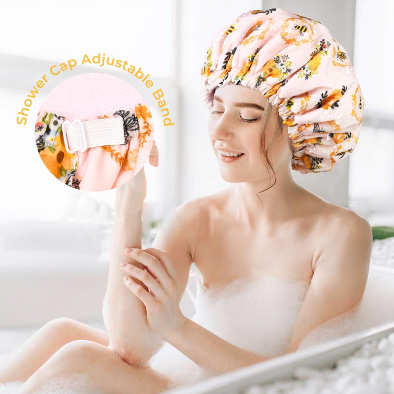 Aileam Shower Cap for Women Terry Lined Bee Bath Cap Large Reusable Waterproof Elastic Band Beekeeper Shower Caps for Long Thick Hair Soft Bath Shower Hair Caps - Image 4