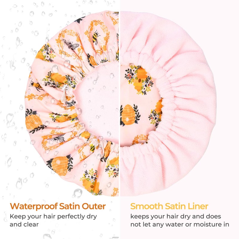 Aileam Shower Cap for Women Terry Lined Bee Bath Cap Large Reusable Waterproof Elastic Band Beekeeper Shower Caps for Long Thick Hair Soft Bath Shower Hair Caps - Image 5