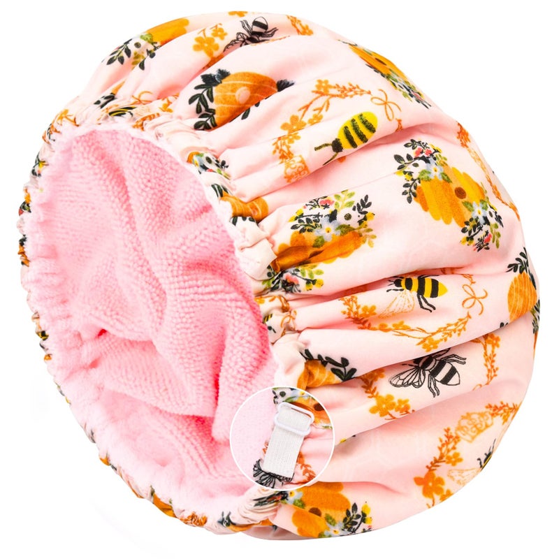 Aileam Shower Cap for Women Terry Lined Bee Bath Cap Large Reusable Waterproof Elastic Band Beekeeper Shower Caps for Long Thick Hair Soft Bath Shower Hair Caps - Image 1