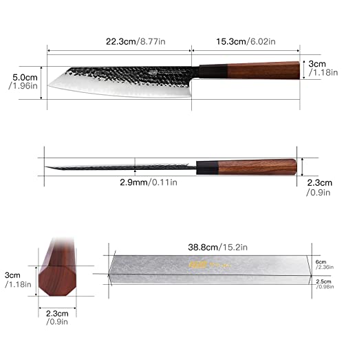 FINDKING Dynasty Series Japanese Kiritsuke Knife, Multi-Purpose Gyuto Chef knife, 9Cr18MoV High Carbon Steel Blade, African Rosewood Octagonal Handle, for Meat, Fruits, Vegetables,9 Inches - Image 4