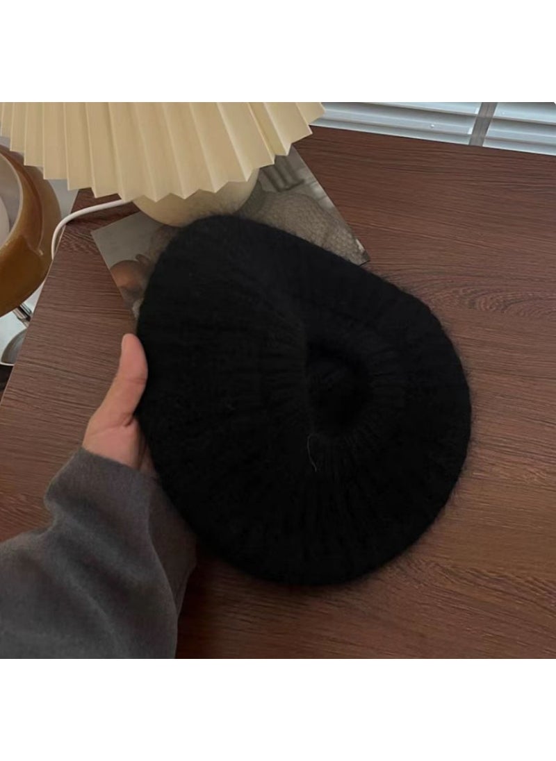 Generic - Knitted Wool Beret Cap Women Casual Winter Thick Korean Black (rabbit fur material will shed slightly, please don’t take pictures if you mind) - Image 1