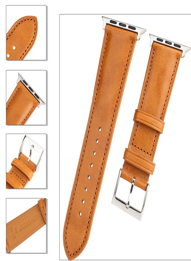 Gomvadr Leather Bands Compatible with Mens Apple Watch Band 42mm 44mm 45mm, Replacement Band Leather Strap for Men's iWatch Series 9 8 7 6 5 4 3 2 1 SE3/2/1 (Yellow/Silver Buckle, 45mm/44mm/42mm) - Image 5