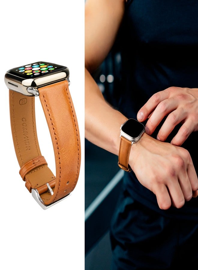 Gomvadr Leather Bands Compatible with Mens Apple Watch Band 42mm 44mm 45mm, Replacement Band Leather Strap for Men's iWatch Series 9 8 7 6 5 4 3 2 1 SE3/2/1 (Yellow/Silver Buckle, 45mm/44mm/42mm) - Image 3
