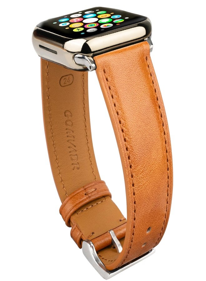 Gomvadr Leather Bands Compatible with Mens Apple Watch Band 42mm 44mm 45mm, Replacement Band Leather Strap for Men's iWatch Series 9 8 7 6 5 4 3 2 1 SE3/2/1 (Yellow/Silver Buckle, 45mm/44mm/42mm) - Image 1