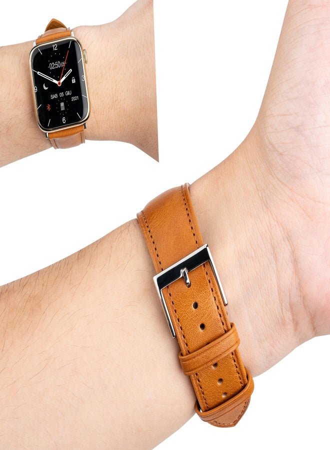Gomvadr Leather Bands Compatible with Mens Apple Watch Band 42mm 44mm 45mm, Replacement Band Leather Strap for Men's iWatch Series 9 8 7 6 5 4 3 2 1 SE3/2/1 (Yellow/Silver Buckle, 45mm/44mm/42mm) - Image 2