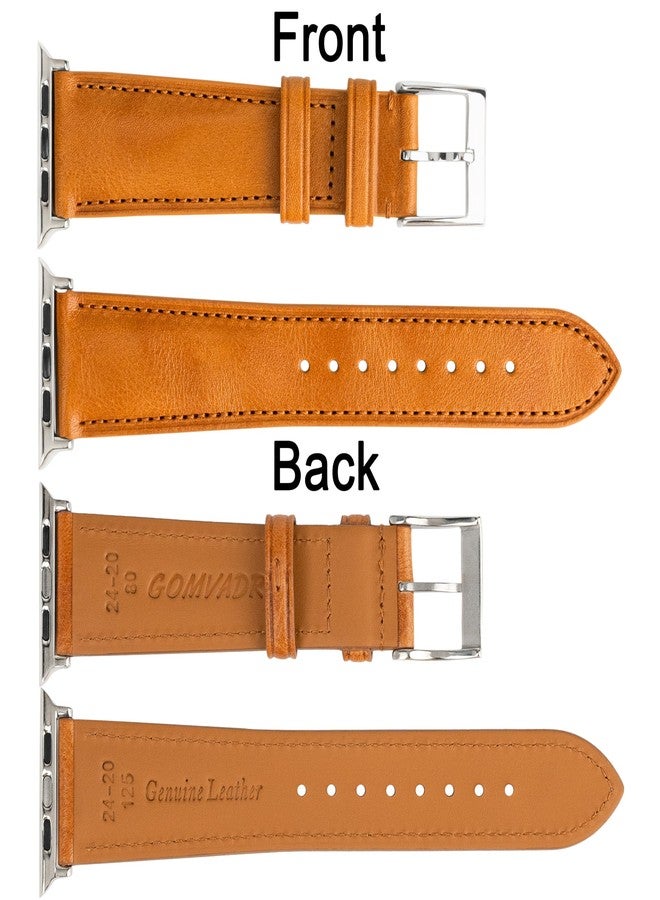 Gomvadr Leather Bands Compatible with Mens Apple Watch Band 42mm 44mm 45mm, Replacement Band Leather Strap for Men's iWatch Series 9 8 7 6 5 4 3 2 1 SE3/2/1 (Yellow/Silver Buckle, 45mm/44mm/42mm) - Image 4