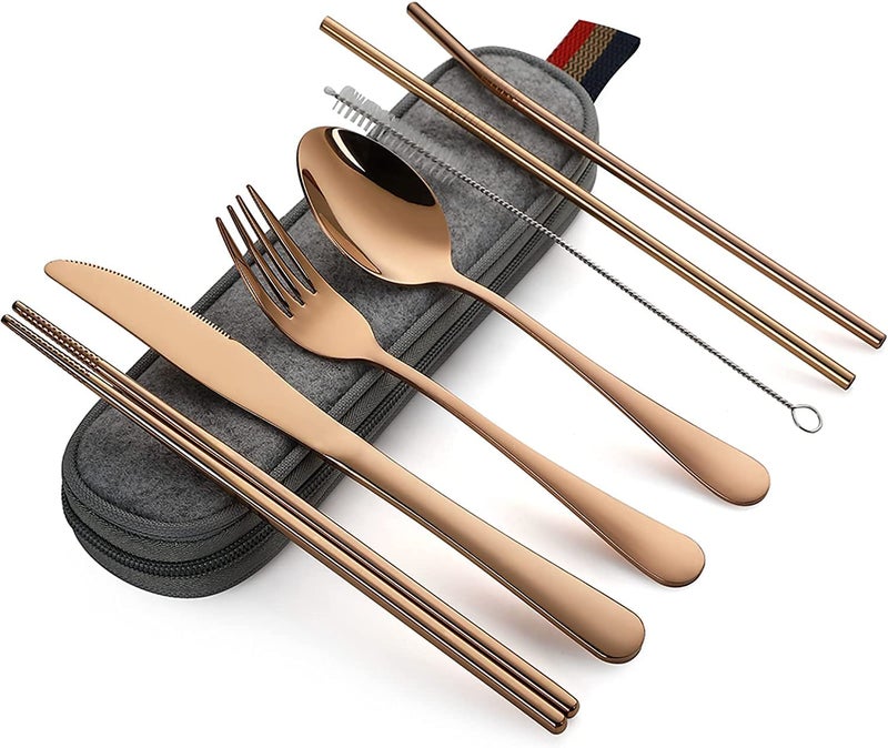 KITOME Portable Utensils Kit – 8 Pieces Travel Cutlery Set with Case, Knife, Fork, Spoon, Chopsticks, Straws & Cleaning Brush, Reusable Stainless Steel Flatware for Camping, Office (Rose Gold) - Image 1