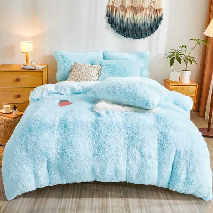 SHAGGY FLUFFY LIGHT BLUE COMFORTER COVER QUEEN SET FAUX FUR SHAGGY LIGHT BLUE BEDDING 3PIECE SET 1 DUVET COVER 2 FURRY PILLOW SHAMS COZY BED SET