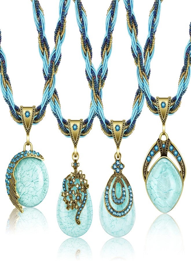 MTLEE 4 Pieces Bohemian Turquoise Necklaces for Women Retro Vintage Pendant Twist Woven Rope Jewelry Gifts Rhinestone Boho Collar Necklaces Bulk for Spring Easter Holiday Supplies - Image 1