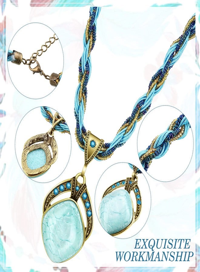 MTLEE 4 Pieces Bohemian Turquoise Necklaces for Women Retro Vintage Pendant Twist Woven Rope Jewelry Gifts Rhinestone Boho Collar Necklaces Bulk for Spring Easter Holiday Supplies - Image 3