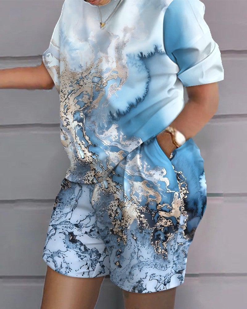 Hip-Hop Street Trendy Plus-Size Womens Casual Outfit light blue printing