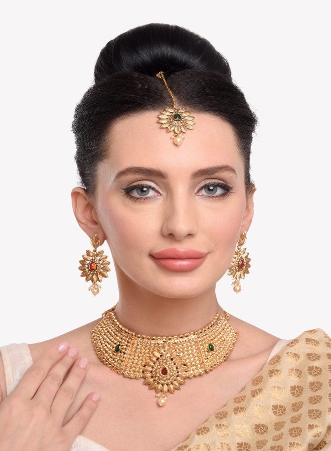Efulgenz Choker Indian Jewelry Sets for Women Traditional Crystal Kundan Stone Pearl Wedding Choker Necklace Earrings Maang Tikka Jewelry Set Indian Bridal Jewelry - Image 3
