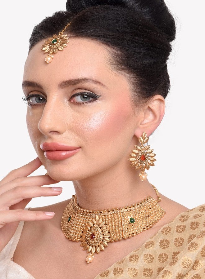 Efulgenz Choker Indian Jewelry Sets for Women Traditional Crystal Kundan Stone Pearl Wedding Choker Necklace Earrings Maang Tikka Jewelry Set Indian Bridal Jewelry - Image 4