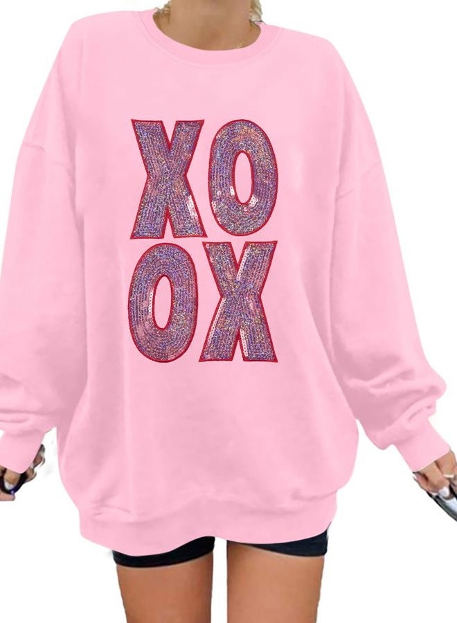 MAXIMGR Valentines Sweatshirts Women Love Sweatshirt - Oversized Embroidered Crewneck Shirt Valentine Gifts Pullover Tops Pink - Image 1