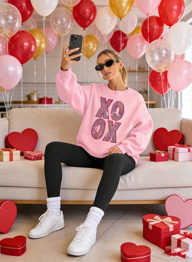 MAXIMGR Valentines Sweatshirts Women Love Sweatshirt - Oversized Embroidered Crewneck Shirt Valentine Gifts Pullover Tops Pink - Image 3