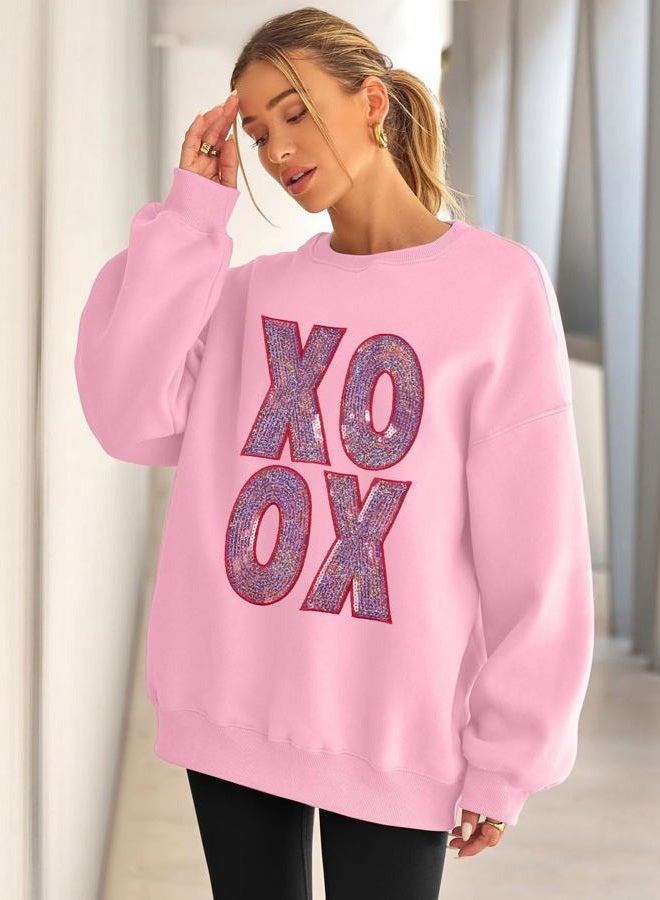 MAXIMGR Valentines Sweatshirts Women Love Sweatshirt - Oversized Embroidered Crewneck Shirt Valentine Gifts Pullover Tops Pink - Image 5