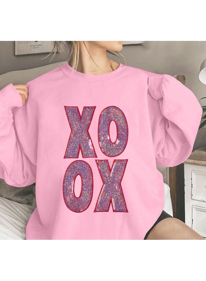 MAXIMGR Valentines Sweatshirts Women Love Sweatshirt - Oversized Embroidered Crewneck Shirt Valentine Gifts Pullover Tops Pink - Image 2