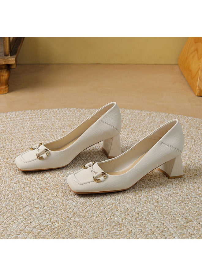 5525-8 Classic Metal Buckle Sheepskin Chunky Heel Single-layer Shoes Square Toe Retro Low-cut High Heel Shoes 5cm Stepping Heel Two-way Wear
