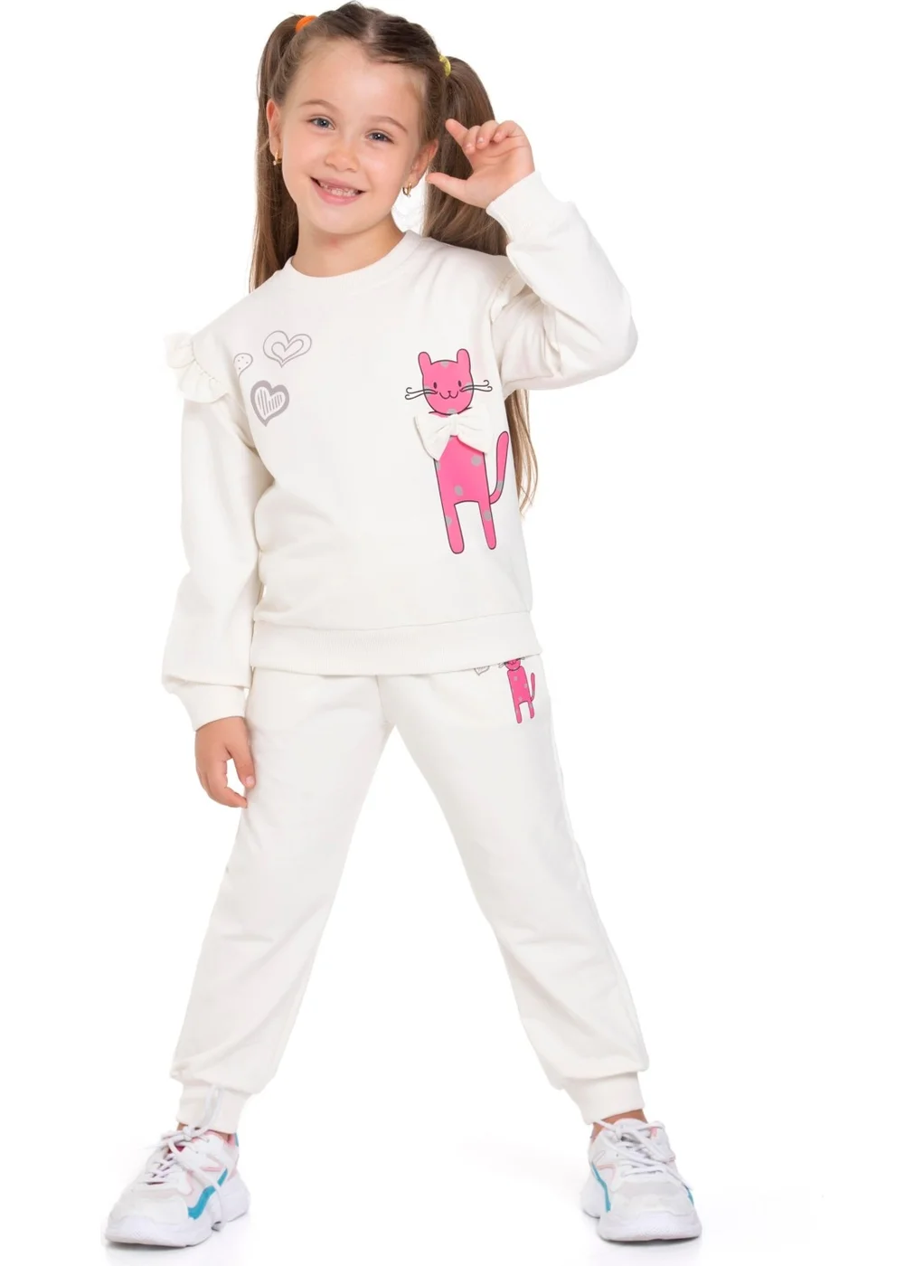 Zepkids Crew Neck Long Sleeve Cat Printed Ecru Color Girls Tracksuit