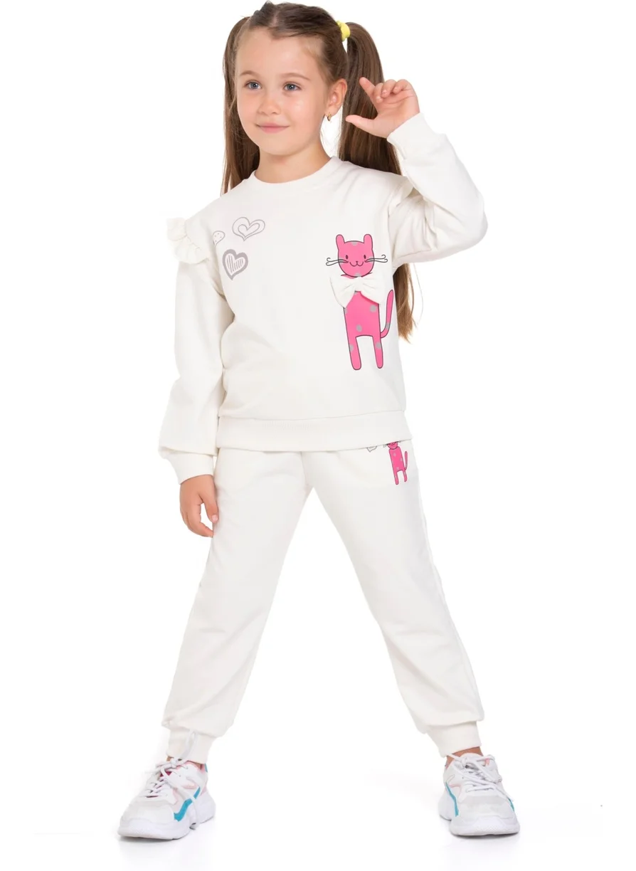 Zepkids Crew Neck Long Sleeve Cat Printed Ecru Color Girls Tracksuit