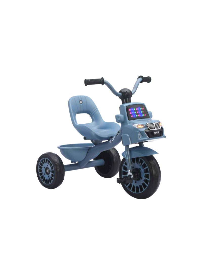 دراجة ثلاثية العجلات زرقاء على شكل سيارة للأطفال - مزودة بمصابيح LED وسلة - Image 2