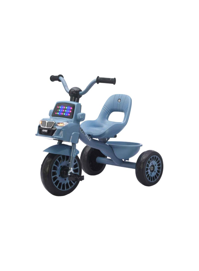 دراجة ثلاثية العجلات زرقاء على شكل سيارة للأطفال - مزودة بمصابيح LED وسلة - Image 1