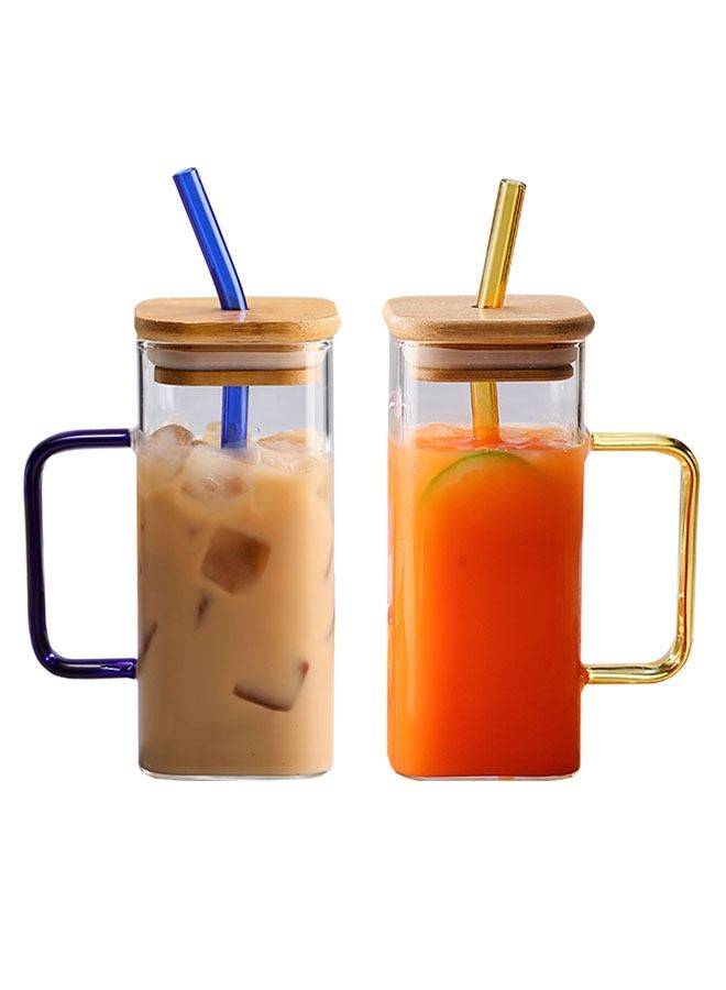 ZCM-HAPPY 2-Piece Square Glasses with Handles Glacier Cup Drinking Cup Cold Drink Coffee Cup with Straw  - Image 1