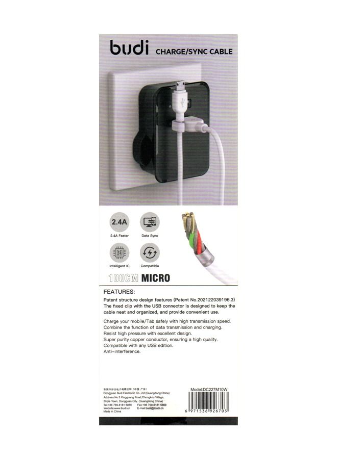 بودي كابل بيانات Micro USB 2.4A من Budi مع شحن سريع 1 متر DC227M10W - أبيض - Image 2