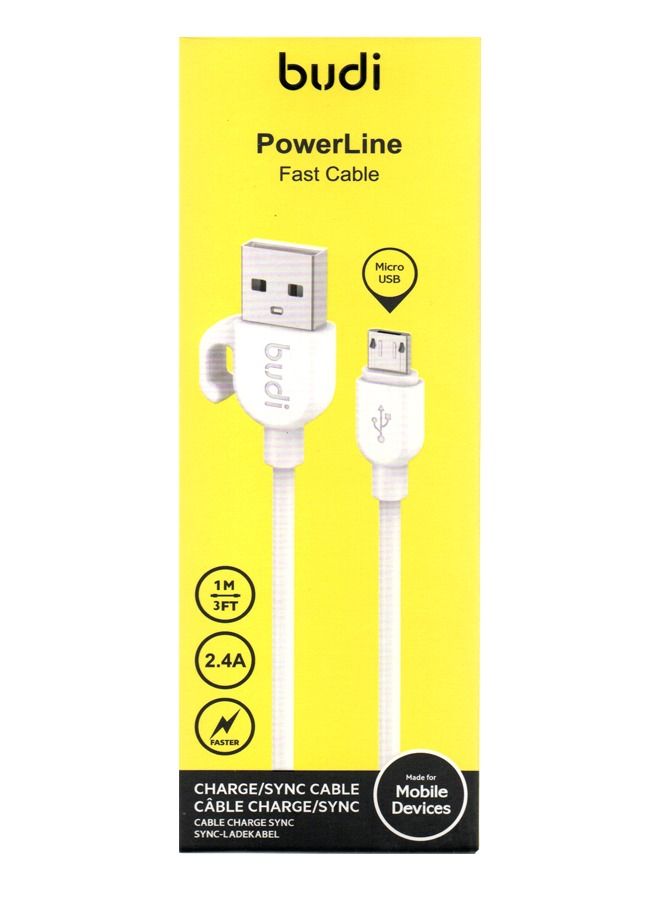 بودي كابل بيانات Micro USB 2.4A من Budi مع شحن سريع 1 متر DC227M10W - أبيض - Image 1