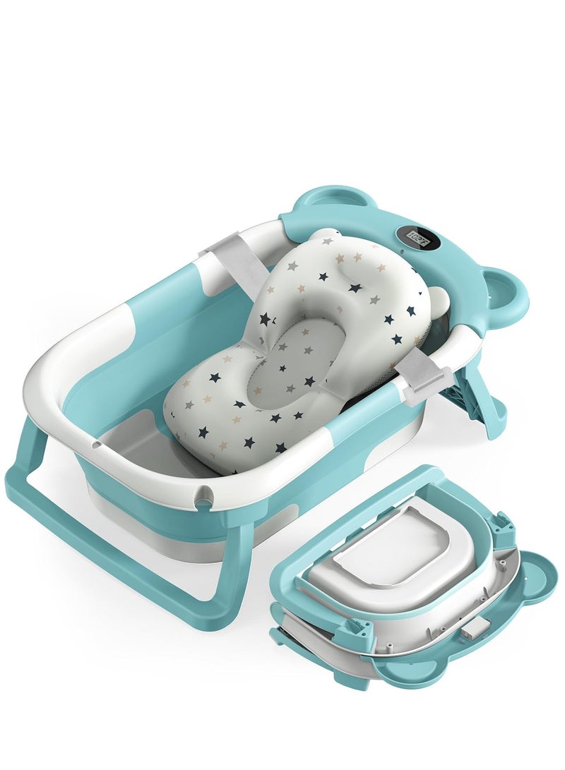 حوض استحمام للأطفال قابل للطي مع وسادة استحمام ومقياسحوض استحمام للأطفال قابل للطي مع وسادة استحمام ومقياس درجة حرارة الماء، حوض استحمام محمول قابل للطي ومضاد للانزلاق مع فتحة تصريف - Image 1