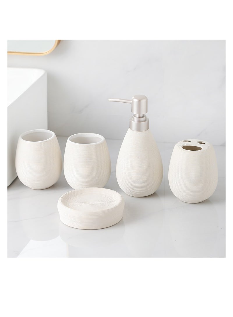 Minimalist 5 Piece White Ceramic Bathroom Accessories Set , Textured Striped Matte Finish , Includes Soap Dispenser, Toothbrush Holder, Dual Tumblers & Soap Dish , Sleek, Modern, Natural Aesthetic for Bathroom Vanity Décor