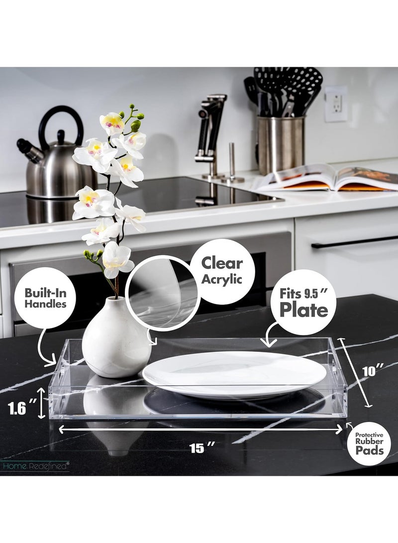TDAO 2-Packs Clear Acrylic Tray with Handles, 15"x10" Rectangle Acrylic Decorative Tray, Clear Serving Tray with Clear Handles for Food, Tea/Coffee, Fruit Display Makeup Perfume Storage - Image 3