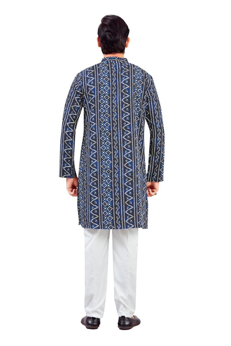 Studio Shringaar Men Polyester Relaxed fit Bandhni Print Knee Length Relax Fit Kurta (Navy Blue,2XL) - Image 2