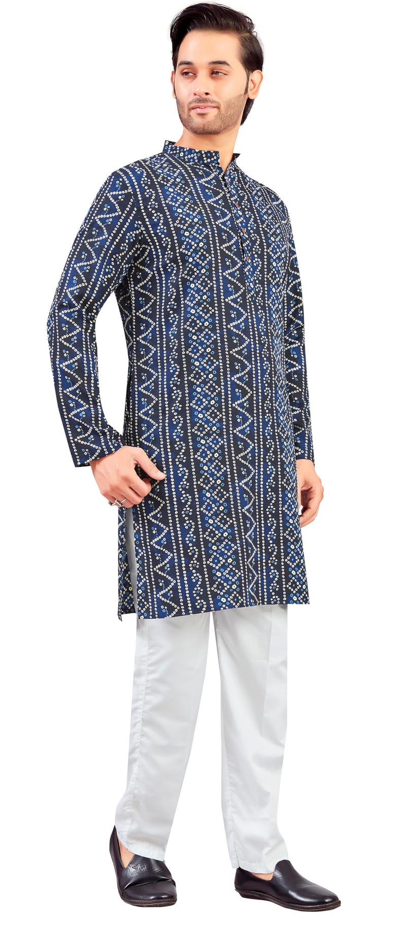Studio Shringaar Men Polyester Relaxed fit Bandhni Print Knee Length Relax Fit Kurta (Navy Blue,2XL) - Image 5