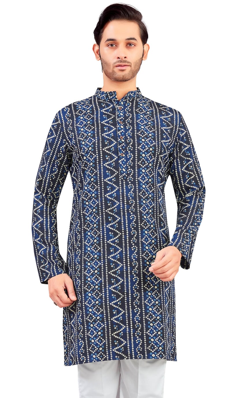 Studio Shringaar Men Polyester Relaxed fit Bandhni Print Knee Length Relax Fit Kurta (Navy Blue,2XL) - Image 1